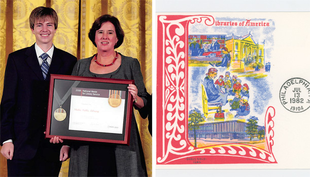 The left image shows former Skokie Public Library director Carolyn Anthony and community member representative Aleks Krapivkin holding up the framed National Medal for Museum and Library Service, which the Skokie Public Library received in 2008. The right image shows a portion of the "Libraries of America" stamp, issued in 1982, which is hand drawn in reds, yellows, blues, and greens, and features a large letter "L", a person reading to children, and the exterior of the Skokie Public Library. The left image shows former Skokie Public Library director Carolyn Anthony and community member representative Aleks Krapivkin holding up the framed National Medal for Museum and Library Service, which the Skokie Public Library received in 2008. The right image shows a portion of the "Libraries of America" stamp, issued in 1982, which is hand drawn in reds, yellows, blues, and greens, and features a large letter "L", a person reading to children, and the exterior of the Skokie Public Library.