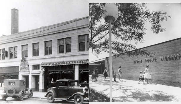 The left image is an old black and white photograph showing the exterior of a two-story building, the Oakton Drugs building, where the Skokie Public Library first opened its doors in 1930. There are two old cars parked out front of the building. The right image is an old black and white photograph that shows several adults and children walking and holding hands down a sidewalk along the exterior wall of the Skokie Public Library, which is written on the brick. The left image is an old black and white photograph showing the exterior of a two-story building, the Oakton Drugs building, where the Skokie Public Library first opened its doors in 1930. There are two old cars parked out front of the building. The right image is an old black and white photograph that shows several adults and children walking and holding hands down a sidewalk along the exterior wall of the Skokie Public Library, which is written on the brick.