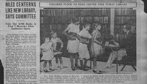 A scan of a newspaper clipping from 1930 showing a photograph of a line of children returning books to a seated librarian in the newly founded Niles Center Free Public Library. A scan of a newspaper clipping from 1930 showing a photograph of a line of children returning books to a seated librarian in the newly founded Niles Center Free Public Library.