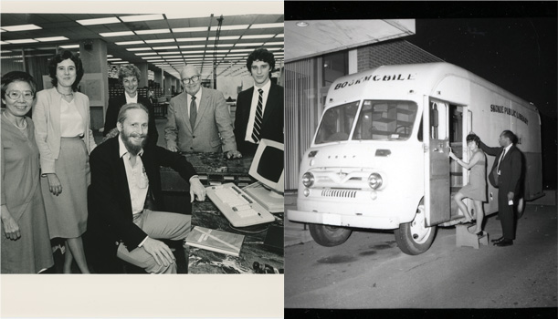 The left image is a black and white photograph from the 1980s showing five standing people and one seated person gathered around a small computer, the first online catalog. Former library director Carolyn Anthony is pictured. They are all smiling at the camera. The right image is an old black and white photograph of a very early model of the Skokie Public Library bookmobile, which two people are pictured entering. The left image is a black and white photograph from the 1980s showing five standing people and one seated person gathered around a small computer, the first online catalog. Former library director Carolyn Anthony is pictured. They are all smiling at the camera. The right image is an old black and white photograph of a very early model of the Skokie Public Library bookmobile, which two people are pictured entering.