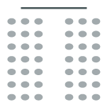 Two sections of rows of chairs with a center aisle, plus a table, chair, and podium at the front.