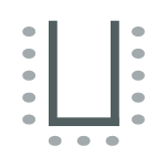 U-shaped table arrangement with chairs along the outer perimeter, a table with one chair at the front, and an additional table at the back.