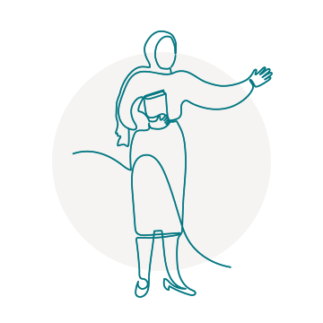 Graphic of an adult woman holding a book in one arm and the other arm is outstretched