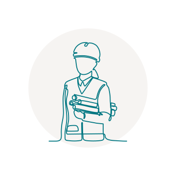 Graphic of a construction worker holding rolls of blueprints and a hardhat on