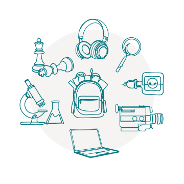 Graphics of chess pieces, headphones, camcorders, laptops, a backpack, and a microscope