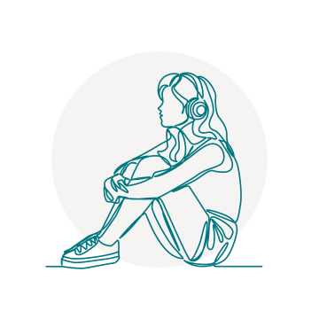 Graphic of a teenager sitting on the ground with arms over their legs and headphones on