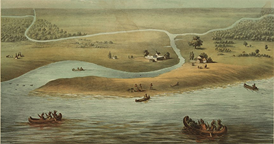 Painting of the Chicago river in 1820 with indigenous people in boats