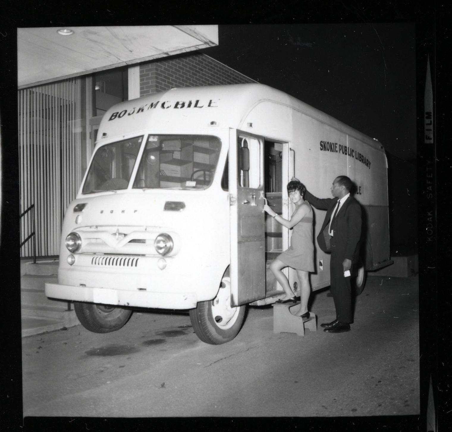 Black and white photo of the first Bookmobile