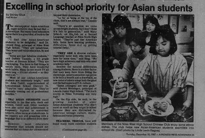 Article from the Skokie Review, December 10, 1987 reading 'Excelling in school priority for Asian students'