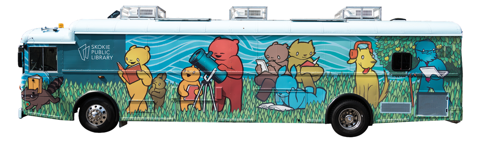 Bookmobile bus with colorful characters on the side