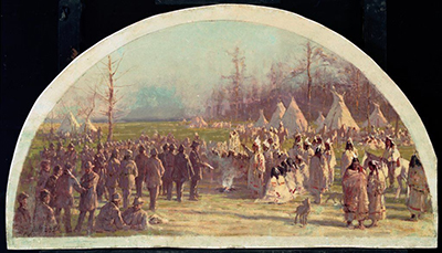 1902 painting of U.S government and Potawatomi signing the Treaty of Chicago" title="1902 painting of U.S government and Potawatomi signing the Treaty of Chicago
