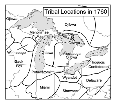 Black and map showing the tribal locations in 1760.