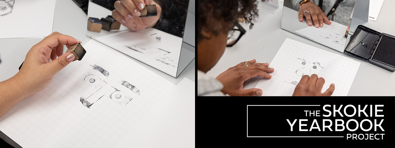 two people creating self portraits using rubber stamps. Text on the bottom of the image reads "The Skokie Yearbook Project"