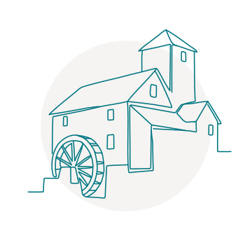 Teal line drawing of barn with mill over light grey background