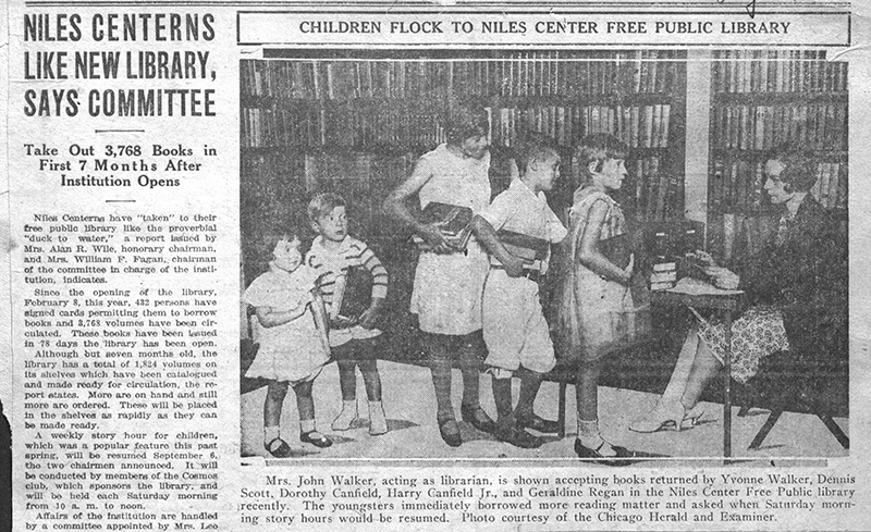 A scan of a newspaper clipping from 1930 showing a photograph of a line of children returning books to a seated librarian in the newly founded Niles Center Free Public Library." title="A scan of a newspaper clipping from 1930 showing a photograph of a line of children returning books to a seated librarian in the newly founded Niles Center Free Public Library.