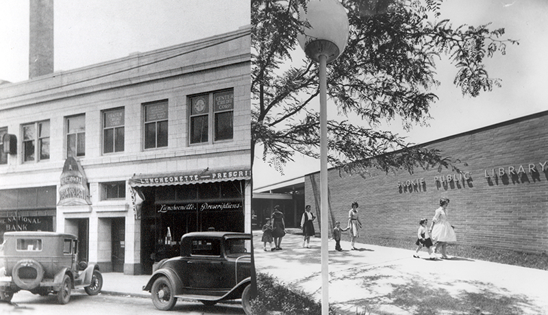 The left image is an old black and white photograph showing the exterior of a two-story building, the Oakton Drugs building, where the Skokie Public Library first opened its doors in 1930. There are two old cars parked out front of the building. The right image is an old black and white photograph that shows several adults and children walking and holding hands down a sidewalk along the exterior wall of the Skokie Public Library, which is written on the brick.