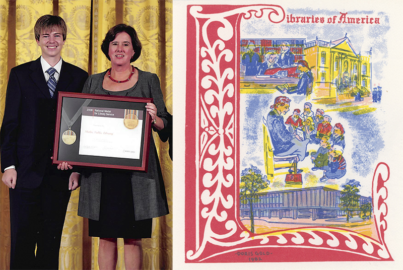 The left image shows former Skokie Public Library director Carolyn Anthony and community member representative Aleks Krapivkin holding up the framed National Medal for Museum and Library Service, which the Skokie Public Library received in 2008. The right image shows a portion of the "Libraries of America" stamp, issued in 1982, which is hand drawn in reds, yellows, blues, and greens, and features a large letter "L", a person reading to children, and the exterior of the Skokie Public Library.