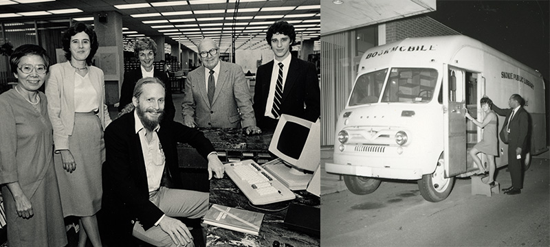 The left image is a black and white photograph from the 1980s showing five standing people and one seated person gathered around a small computer, the first online catalog. Former library director Carolyn Anthony is pictured. They are all smiling at the camera. The right image is an old black and white photograph of a very early model of the Skokie Public Library bookmobile, which two people are pictured entering.