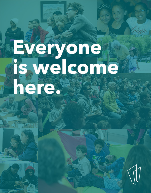 collage of many people using the library with a green overlay. Text over the image reads: Everyone is welcome here