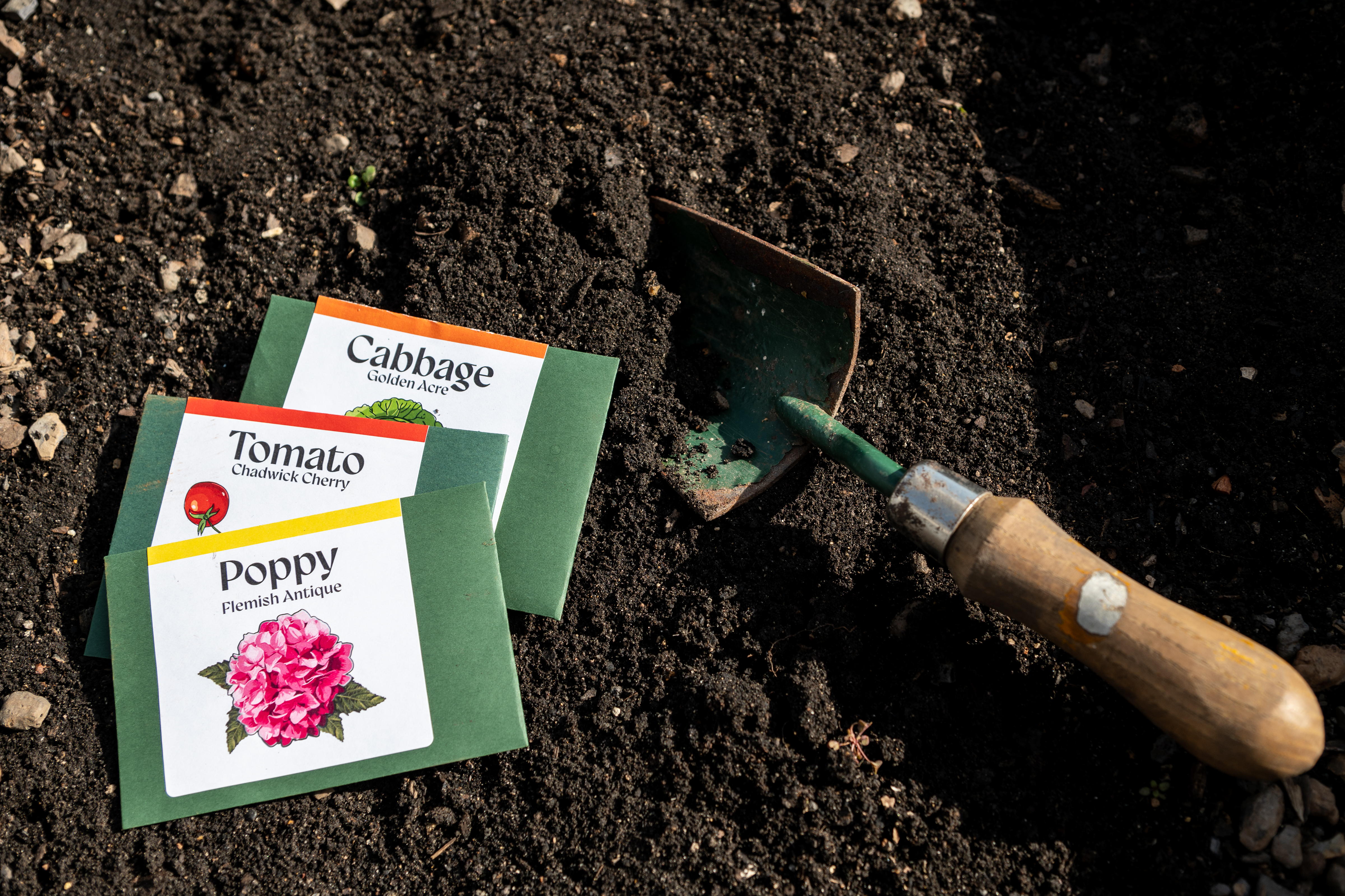 packets of seeds in the dirt, next to a garden hand shovel