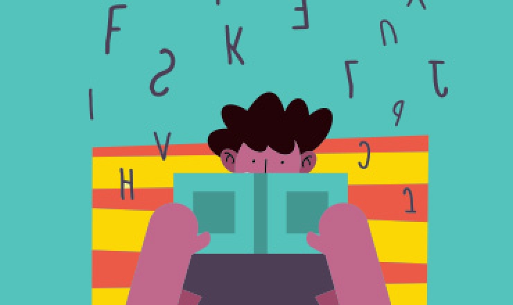 illustrated person reading a book. There are backgrounds letters appearing about his head. 