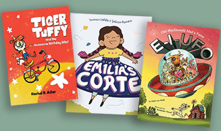 three kids books against a green background