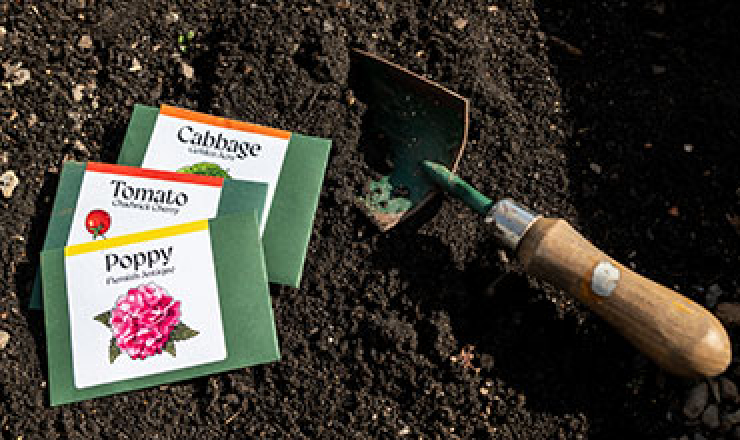 a hand shovel in dirt next to three seed packets.