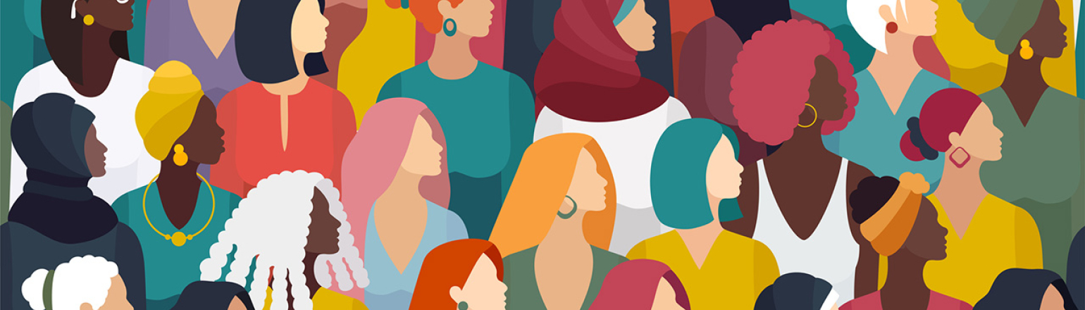 colorful illustrated collage of women looking the same direction