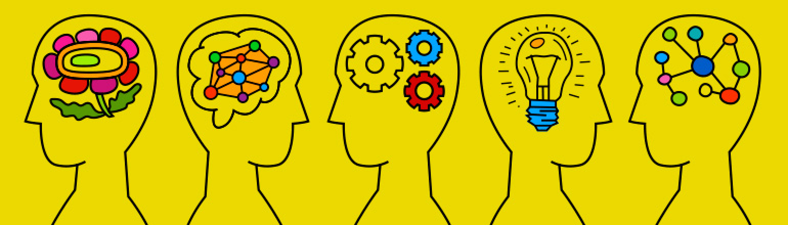 illustration of people's heads with flowers, networks, gears, and light bulbs representing brains