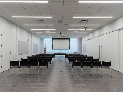 The Mary Radmacher Room can seat groups of up to 50 people depending on layout.