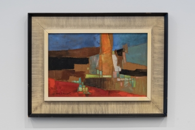 Abstract painting of iron mountain in a gold frame