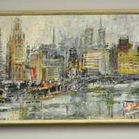 oil painting of the chicago river and skyline with a gold frame