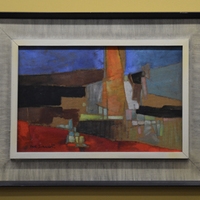 Abstract painting of iron mountain in a gold frame