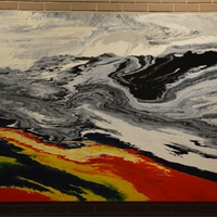 Abstract acrylic painting in gray and white in the upper portion in a wave effect. Red, orange, and blue wavy pattern in the lower left..