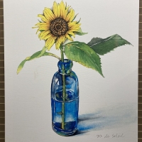 UV print on canvas of a sunflower in a blue bottle.