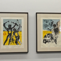 “Peace at Last” depicts two figures with holes in the center of their bodies with a yellow and green background;