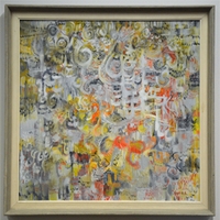Abstract acrylic painting with white swirls and shapes of orange, blue, and yellow.