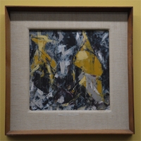Abstract painting in green, magenta, gray, and ochre. Signed bottom right, "H. Mintz".