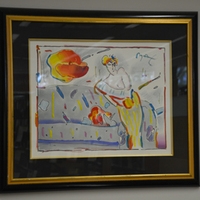 Hand-embellished print of a large orange and yellow flower on the top left with a semi-nude figure at the center. Signed top right, "Max".