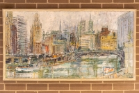 oil painting of the chicago river and skyline with a gold frame
