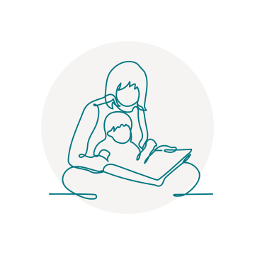 Graphic of an adult sitting criss cross on the floor with a child in their lap and holding a book open