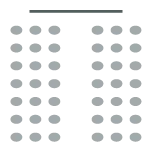 Two sections of rows of chairs with a center aisle, plus a table, chair, and podium at the front.