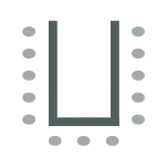 U-shaped table arrangement with chairs along the outer perimeter, a table with one chair at the front, and an additional table at the back.